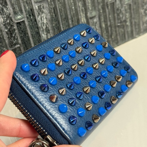 💙Christian Louboutin Panettone Blue Leather Multi Stud Spike Zip Wallet - Picture 10 of 14